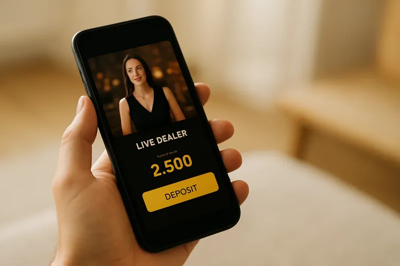 Hand holding smartphone showing dark casino app with live dealer preview