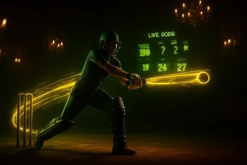 Dynamic Cricket Action Cricket athlete in motion with neon trail and floating scoreboard