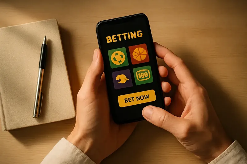 Man's hands using phone with betting app on desk from above