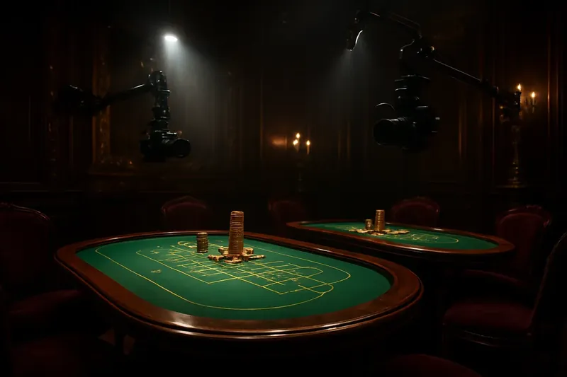 Overhead live casino studio with dealer tables, cameras, green felt, gold chips