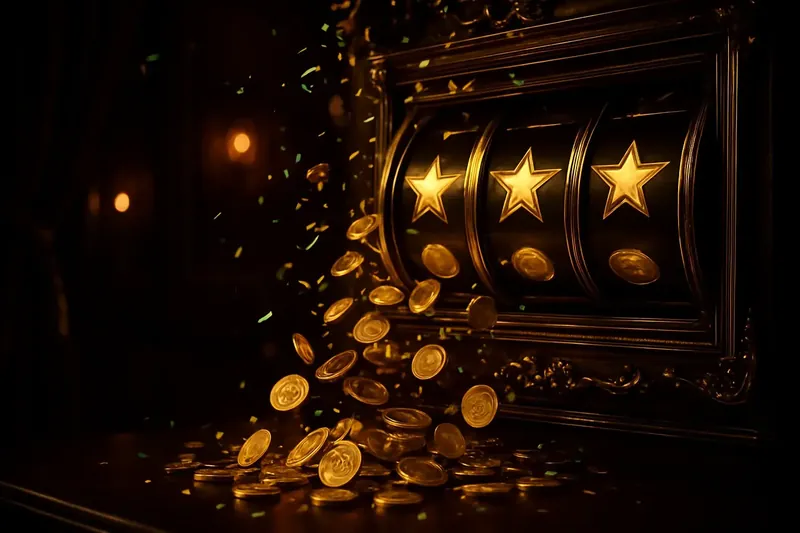 Jackpot Coin Cascade Golden coins rain over winning slot screen with stars and confetti